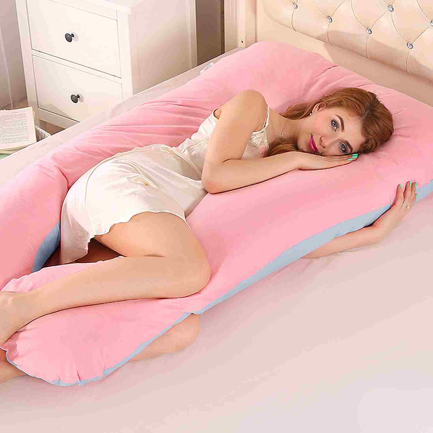 Moxuan Pregnant Women's Pillows, 55-inch Blue-Pink U-Shaped Pillows,