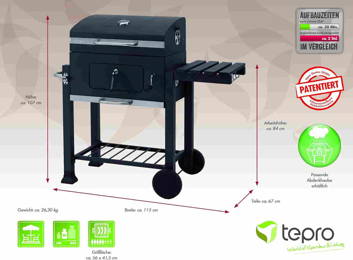 Tepro 1164 Trolley Toronto Click Charcoal Barbecue, 56 X 41.5 Cm, Anthracite/Stainless Steel