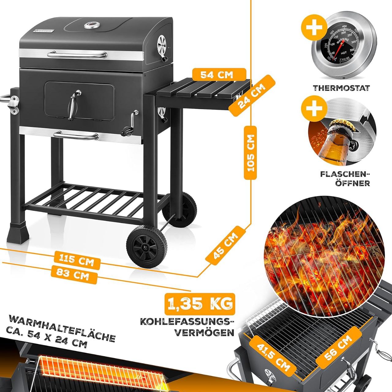 Tepro 1164 Trolley Toronto Click Charcoal Barbecue, 56 X 41.5 Cm, Anthracite/Stainless Steel