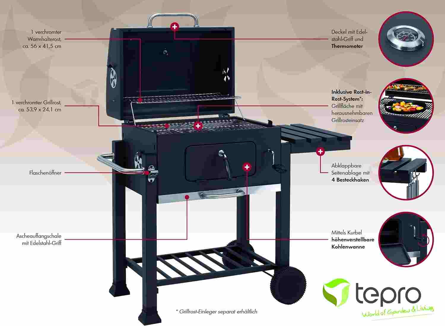 Tepro 1164 Trolley Toronto Click Charcoal Barbecue, 56 X 41.5 Cm, Anthracite/Stainless Steel