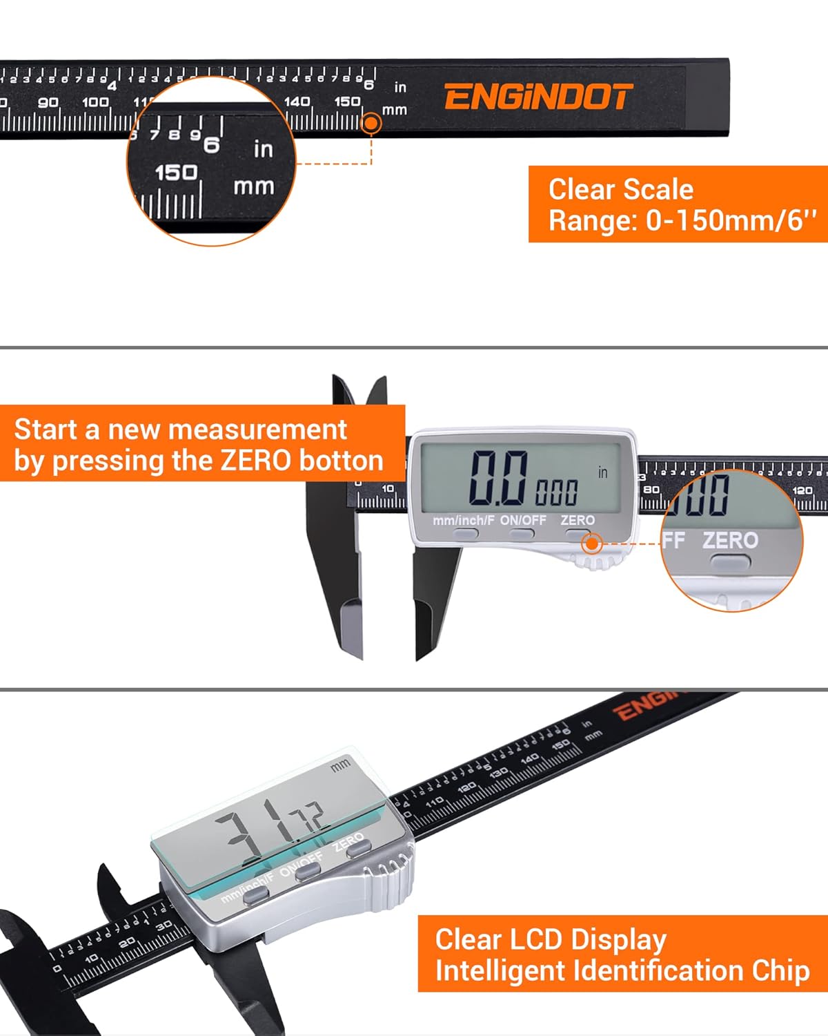 Digital Caliper, ENGiNDOT 0-6" Inch/150mm 